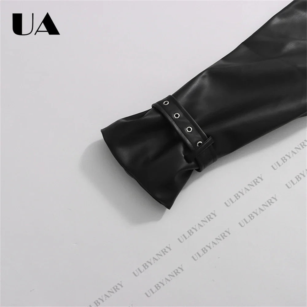 Colorblock Faux Leather Blazer with Notch Lapel Cuff Straps for Street Style Fashion Week Suit Jacket Club Night Blazer