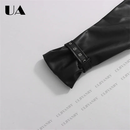 Colorblock Faux Leather Blazer with Notch Lapel Cuff Straps for Street Style Fashion Week Suit Jacket Club Night Blazer