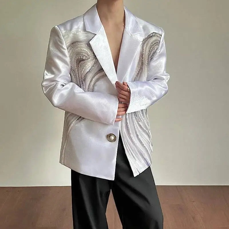 2026 New Original Luxury Temperament Sequin Gauze Patchwork Design Blazer Coat Men Elegant Handsome Casual Jacket JY7013