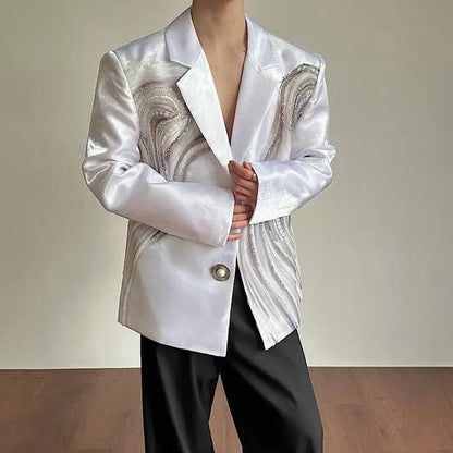 2026 New Original Luxury Temperament Sequin Gauze Patchwork Design Blazer Coat Men Elegant Handsome Casual Jacket JY7013