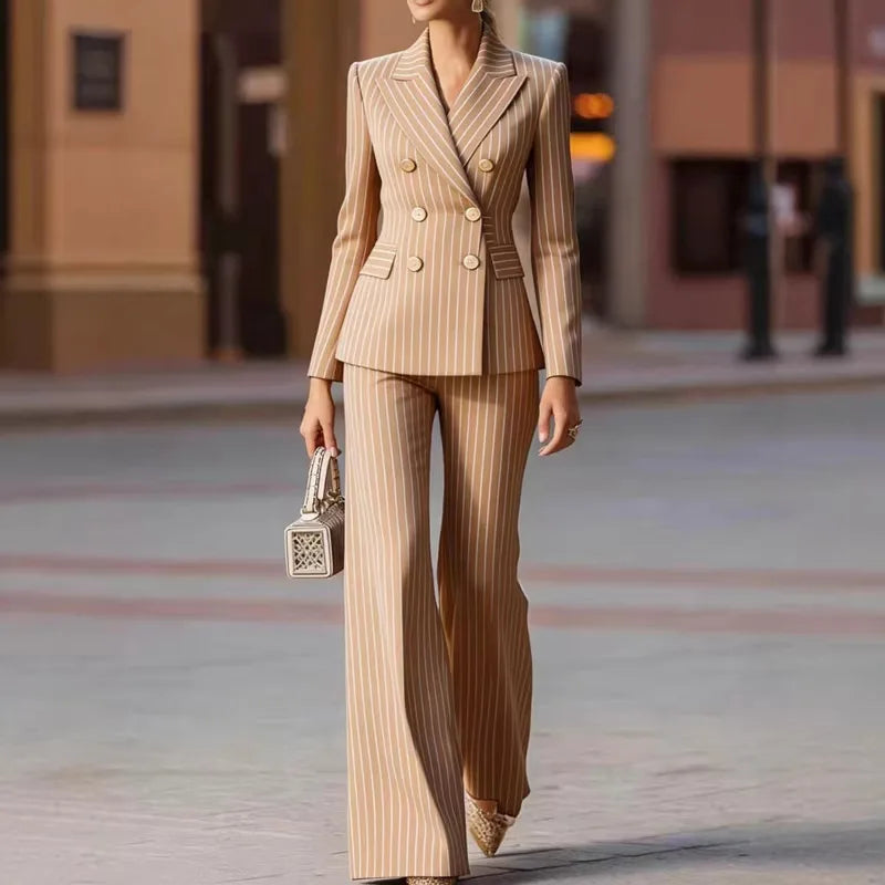 Autumn Pant Suit Women Striped Female Business Work Wear Jacket Blazer Trouser Formal 2 Piece Set Women's Clothing
