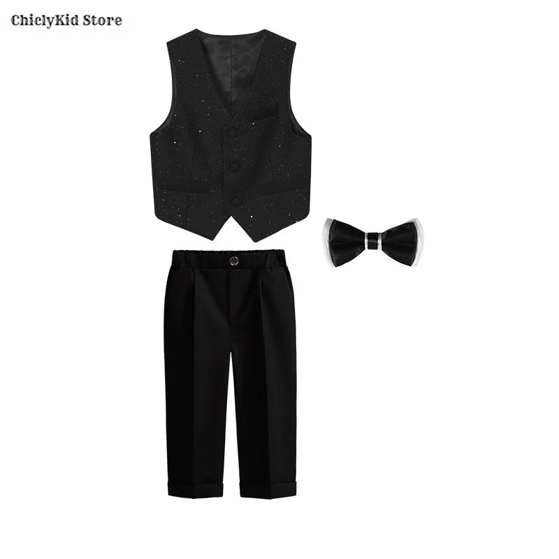 High Quality Boys Shiny Wedding Suits Kids Morning Coat Formal Dress Child Tuxedos Blazer Clothes Sets Toddler School Uniforms