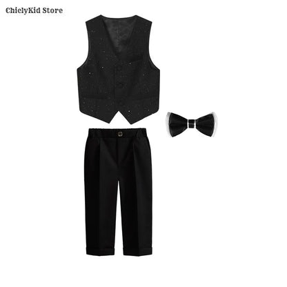 High Quality Boys Shiny Wedding Suits Kids Morning Coat Formal Dress Child Tuxedos Blazer Clothes Sets Toddler School Uniforms