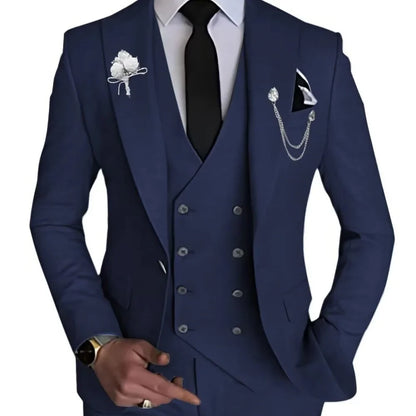 Elegante Conjunto de Traje Azul para Hombre de 3 Piezas: Chaqueta, Pantalones y Chaleco, Corte Entallado, Solapa de Muesca, Alta
