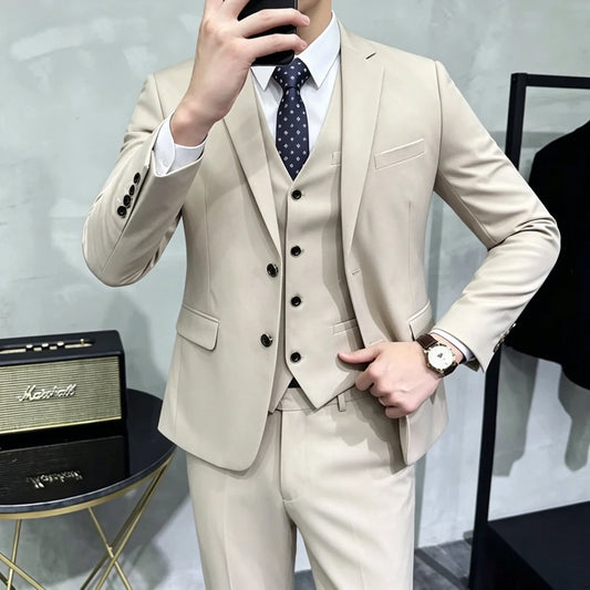 Men's Slim Fit 3-Piece Wedding Suit – Solid Color, Formal Business