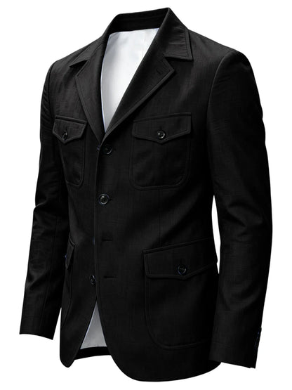 Men's Linen Safari Blazer Four Flap Pockets Slim Soft Jacket Casual Business Coat For Street Outdoor Vacation Party Daily Travel