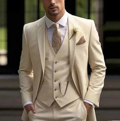 Men's Three-Piece Slim Fit Suit Set – Blazer, Vest & Trousers | Green & Khaki | Wedding & Business