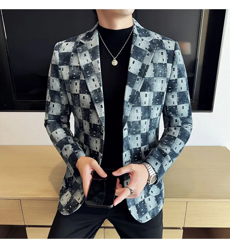 Korean Jacquard Denim Jacket for Men Autumn Winter Casual Business Men Blazers Slim Fit Wedding Social Dress Coat Men Clothing