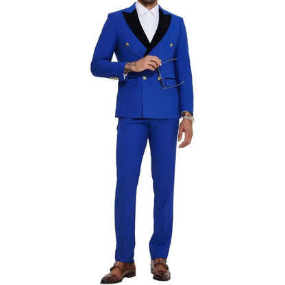 Men Suit 2 Pieces Royal Blue With Black Lapel Double Button For Wedding Business Banquet Party Office Daily Work Jacket And Pant