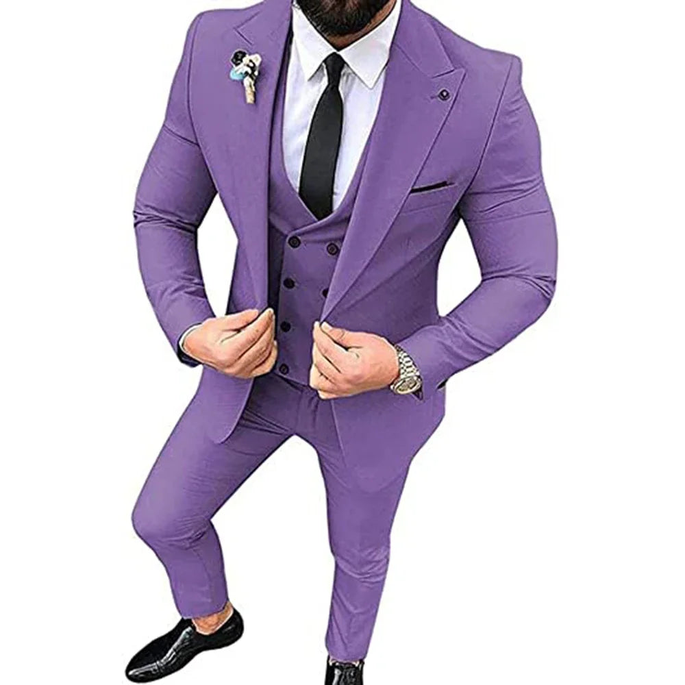 Beige Men's Suits Groom Tuxedos Slim Fit Business Casual Peak Lapel 3 Piece Suit Set Costume Homme (jacket+pants+vest)