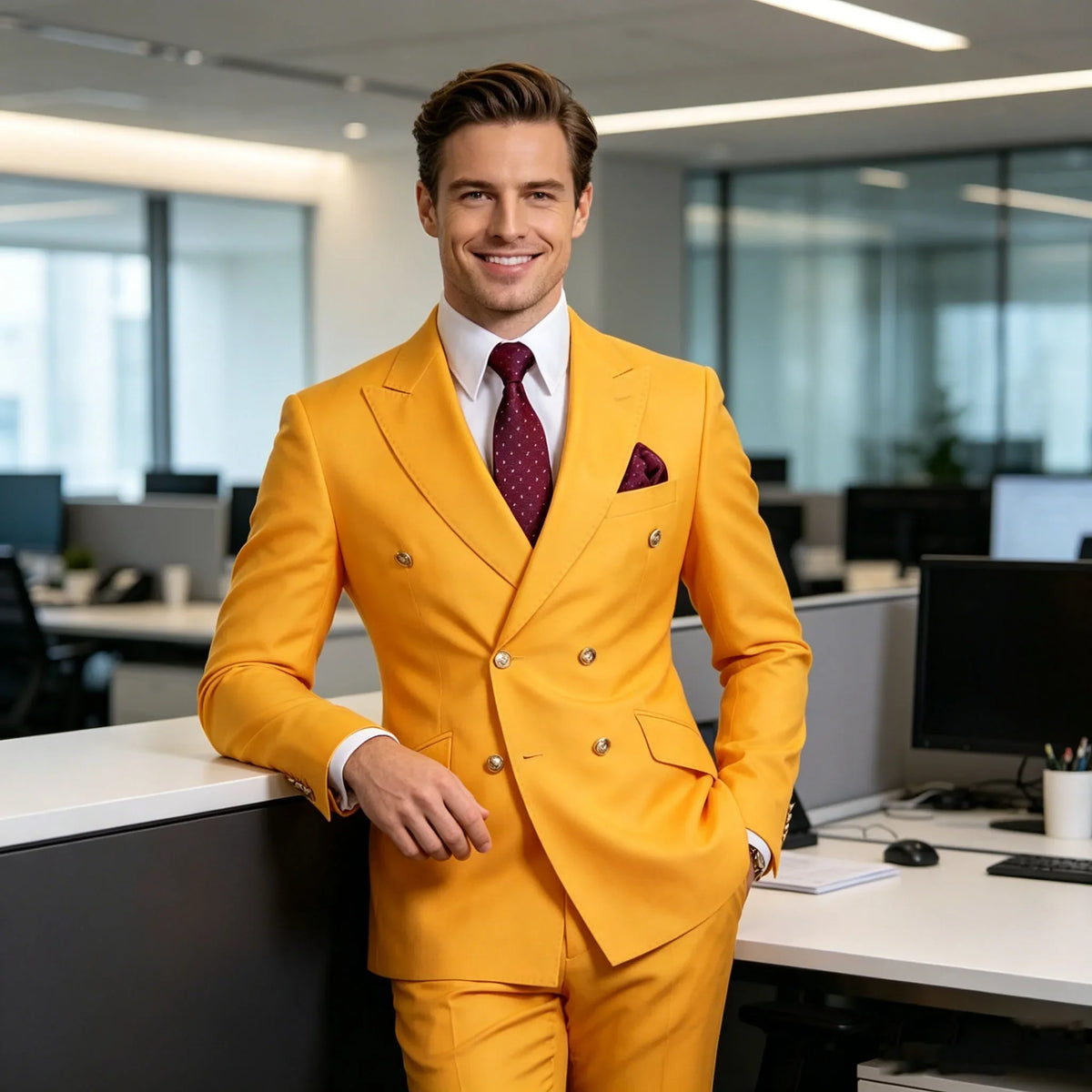 Men's Serge Suit 2 Piece Double Breasted Slim Fit Peak Lapel Gold Button High Quality Formal Blazer Pants Formal Business Weddin
