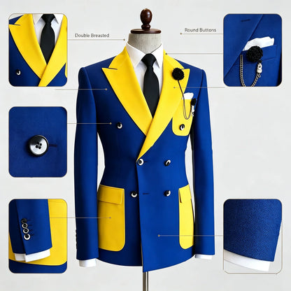 Men's Slim Fit Double Breasted Tuxedo Jacket Fashion Contrast Spliced Peak Lapel Wedding Groom Stage Formal Business Blazer