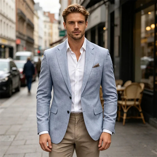 Men's Premium Textured Casual Blazer Two Button Notched Lapel Slim Fit With Pocket Square For Office Wedding Party Daily Wear