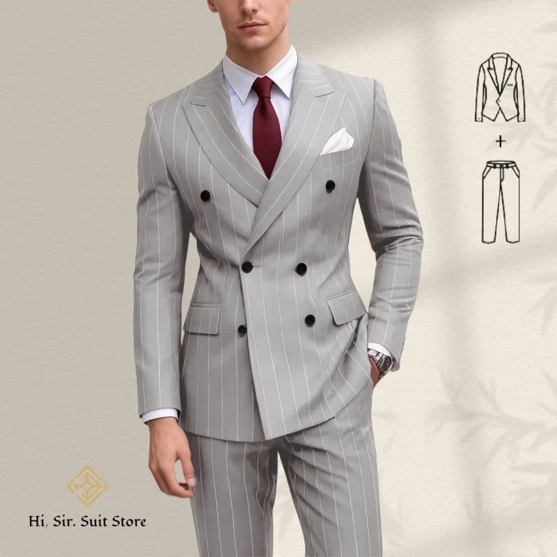 Men's 2-Piece Slim Fit Double-Breasted Striped Suit Set for Men – Wedding, Business & Formal Occasions