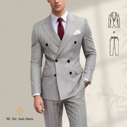 Men's 2-Piece Slim Fit Double-Breasted Striped Suit Set for Men – Wedding, Business & Formal Occasions