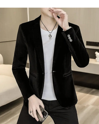 Blazer: An Outdoor Fashion Business Gentleman Wedding Host Slim-fit Casual Korean-style Youthful Men's Golden Velvet Blazer