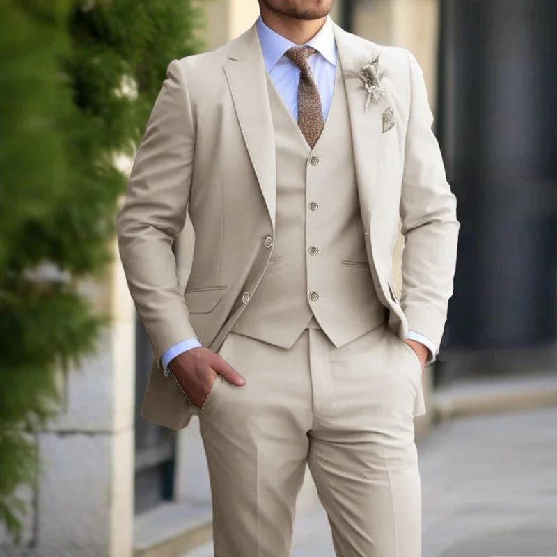 Beige Suit Men Business Tuxedos Formal 3 Piece Set Jacket Vest Pants Single Breasted Groom Groomsman Prom Wedding Party 2025 New