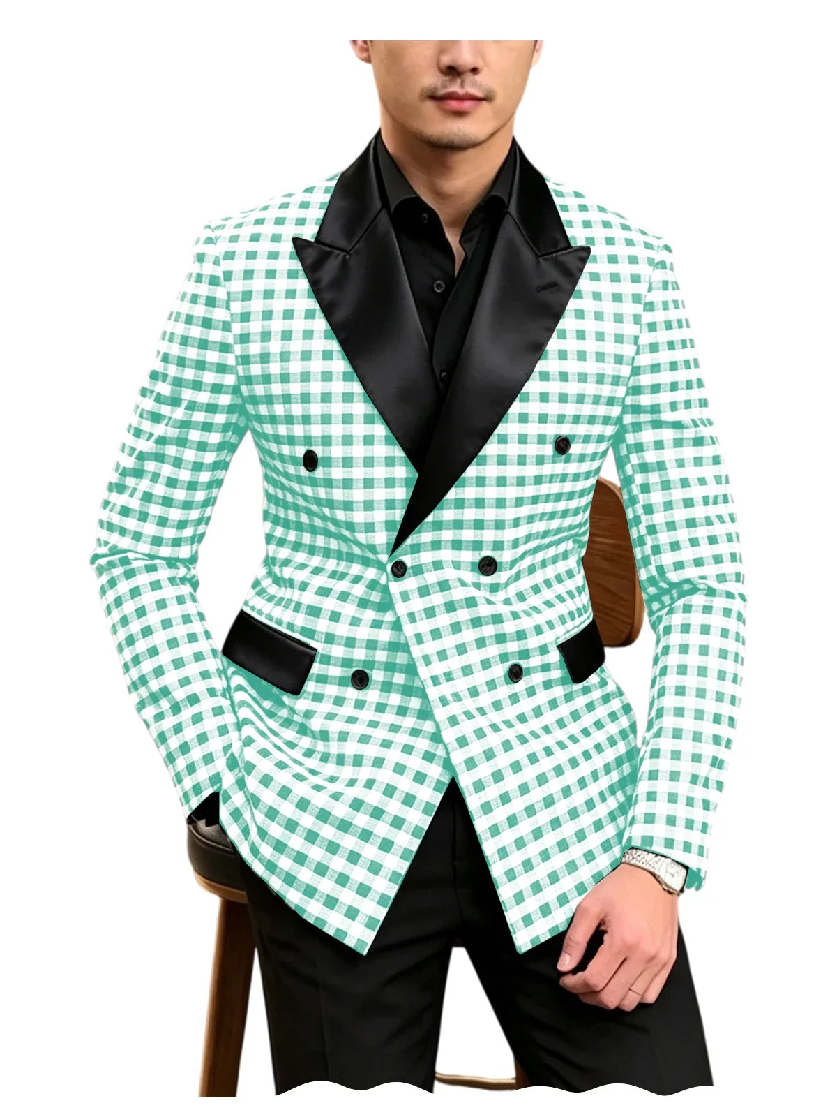 Men's Checkered Double Breasted Blazer Tailored Slim Fit Formal Jacket For Wedding Groom Cocktail Event Prom Dinner Party Coat