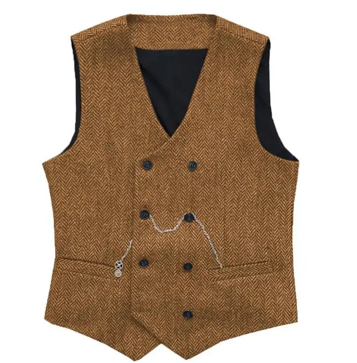 Men's Herringbone Suit Vest Double Breasted Waistcoat for Weddings and Business