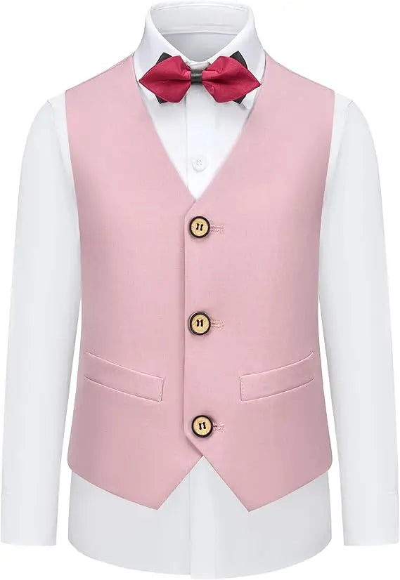 Boys Pure Pink Jacket Vest Pants Bowtie+Pocket Cloth 5pcs Wedding Birthday Outfit Kids Formal Piano Host Performance Costume