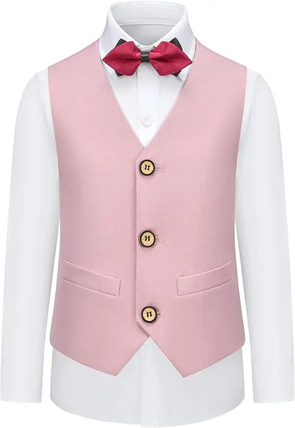 Boys Pure Pink Jacket Vest Pants Bowtie+Pocket Cloth 5pcs Wedding Birthday Outfit Kids Formal Piano Host Performance Costume