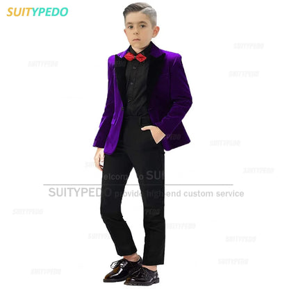 Fashion Purple Boy Suit Set Peaked Lapel Blazer And Pants 2 Pieces Wedding Party Costume Children Birthday Photography Tuxedos