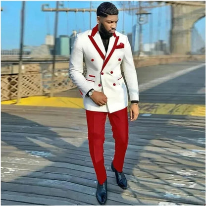 Men's Double-breasted Tailored Tuxedo White Personalized Peak Lapel Slim Fit Groomsmen Smoking Suit Casual Outfit Set