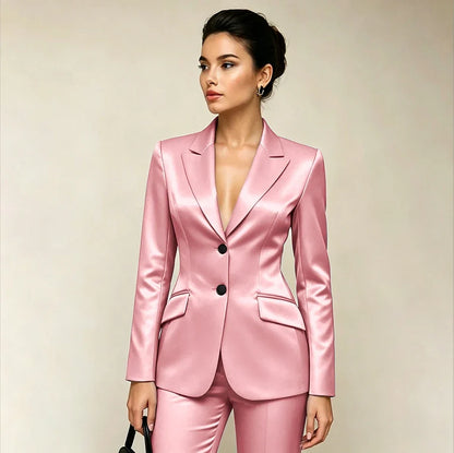 Professional Women’s Black Satin Suit Two Piece (Jacket+Pants) Set for Elegant Formal Party Office Streetwear Fashion Outfit