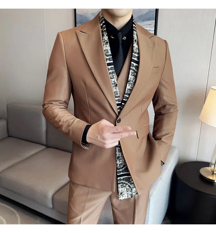 Scarf With Design Double Collar Suit Men's Business Casual Groom Wedding Slim Fit Suit Tuxedo 3-piece Set (Jacket+Vest+Pant)