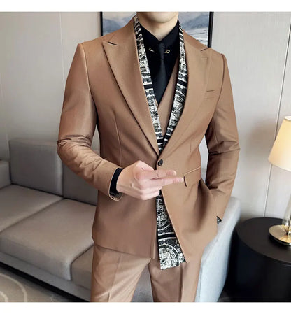 Scarf With Design Double Collar Suit Men's Business Casual Groom Wedding Slim Fit Suit Tuxedo 3-piece Set (Jacket+Vest+Pant)