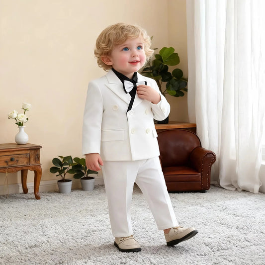 Children's White Suit Set Boys Autumn Winter Piao Host Speech Performance Costume Kids Wedding Birthday Party Photography Outfit