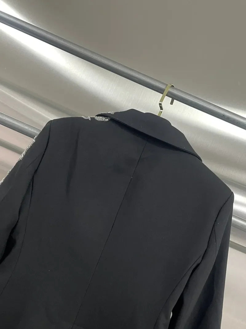 Elegant Black Suit Jacket Women Fashion Beaded Embroidery Designer Single Button New Office Ladies Banquet Luxury Blazers Coat