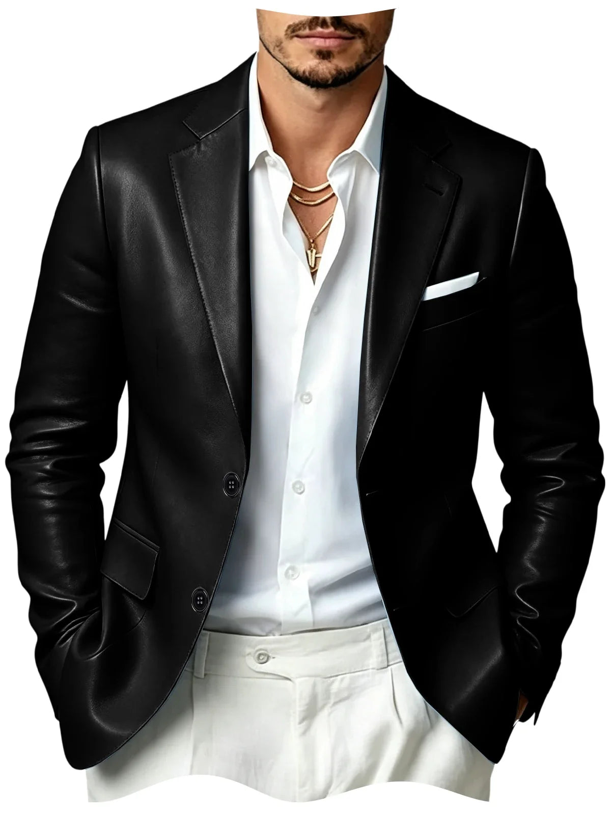 Men's Faux Leather Blazer Slim Fit 2 Button Notched Lapel Suit Jacket Business Formal Leather Sport Coat For Wedding Party