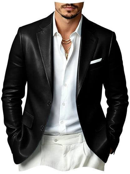 Men's Faux Leather Blazer Slim Fit 2 Button Notched Lapel Suit Jacket Business Formal Leather Sport Coat For Wedding Party
