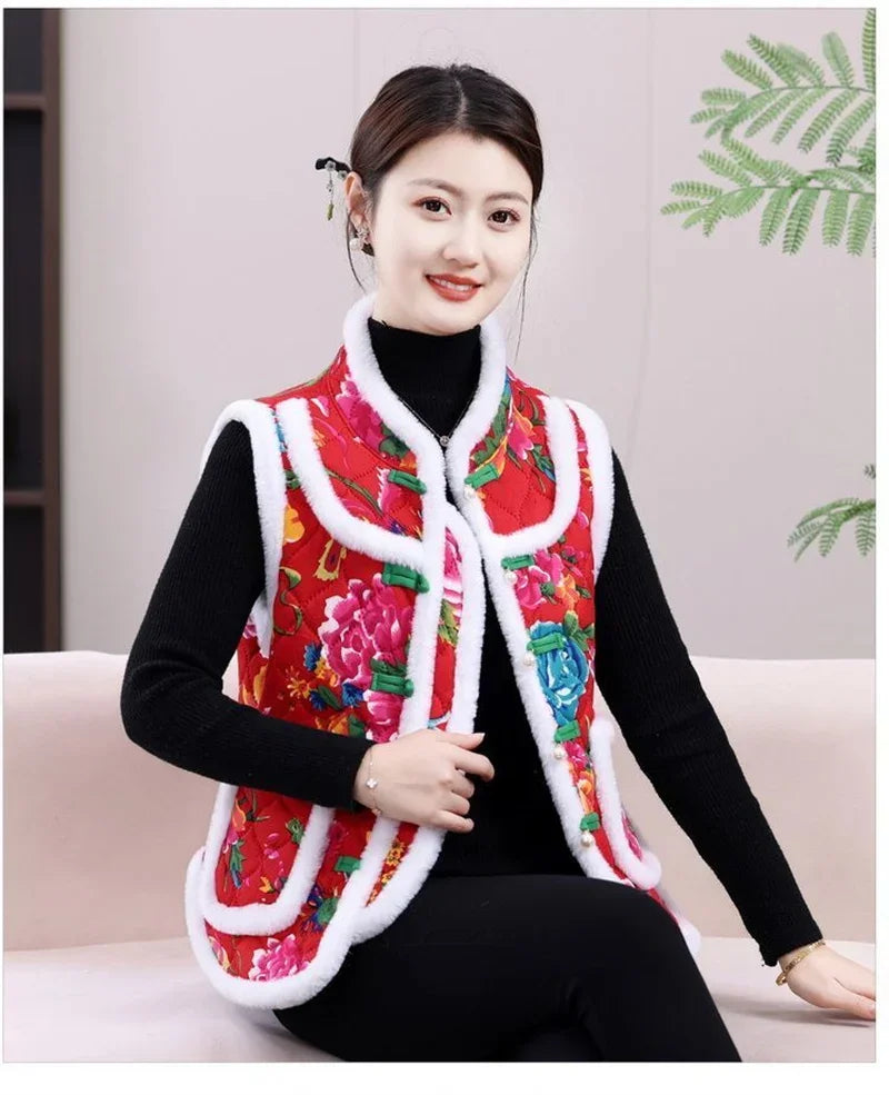 Middle-aged Mother Add Velvet Warm Vest Coat Autumn Winter New Printed Fleece Sleeveless Jacket Grandma Thicken Warm Waistcoat