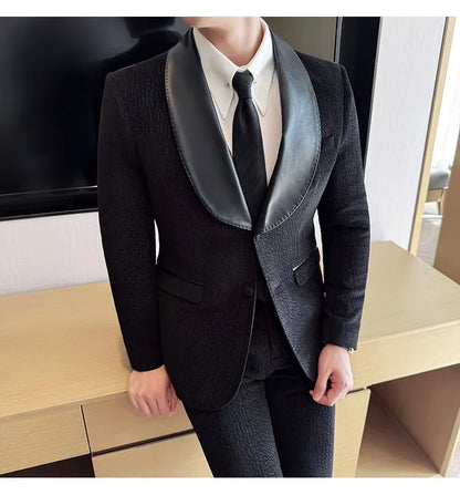British Style PU Patchwork Suit for Men Casual Business Wedding Suits 2 Pieces Set (jacket+pant) Office Work Party Prom Suit