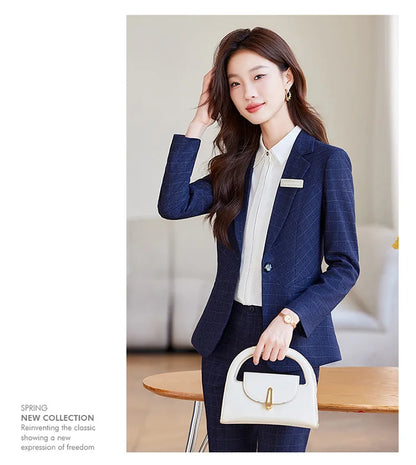 2024 Spring Autumn New Retro Plaid Elegant Blazer Coat And High Waist Pencil Pant Two Piece Set Women's Suit Business Clothing