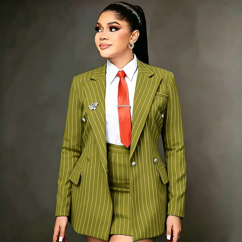 Vintage Peaked Lapel Stripe Women Suits Elegant Blazer+Mini Skirt 2 Pieces Slim Fit Office Lady Wear Customized Set