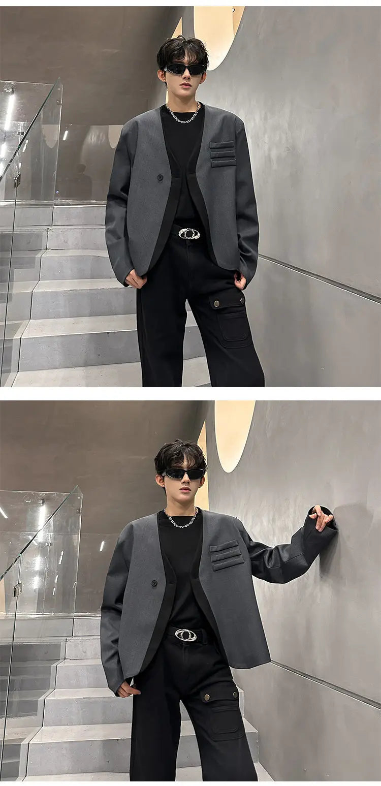 Color Contrast Fake Two Piece Design Handsome Korean Blazer Jacket Men Stylish Elegant V Neck Casual Male Clothes JY5226