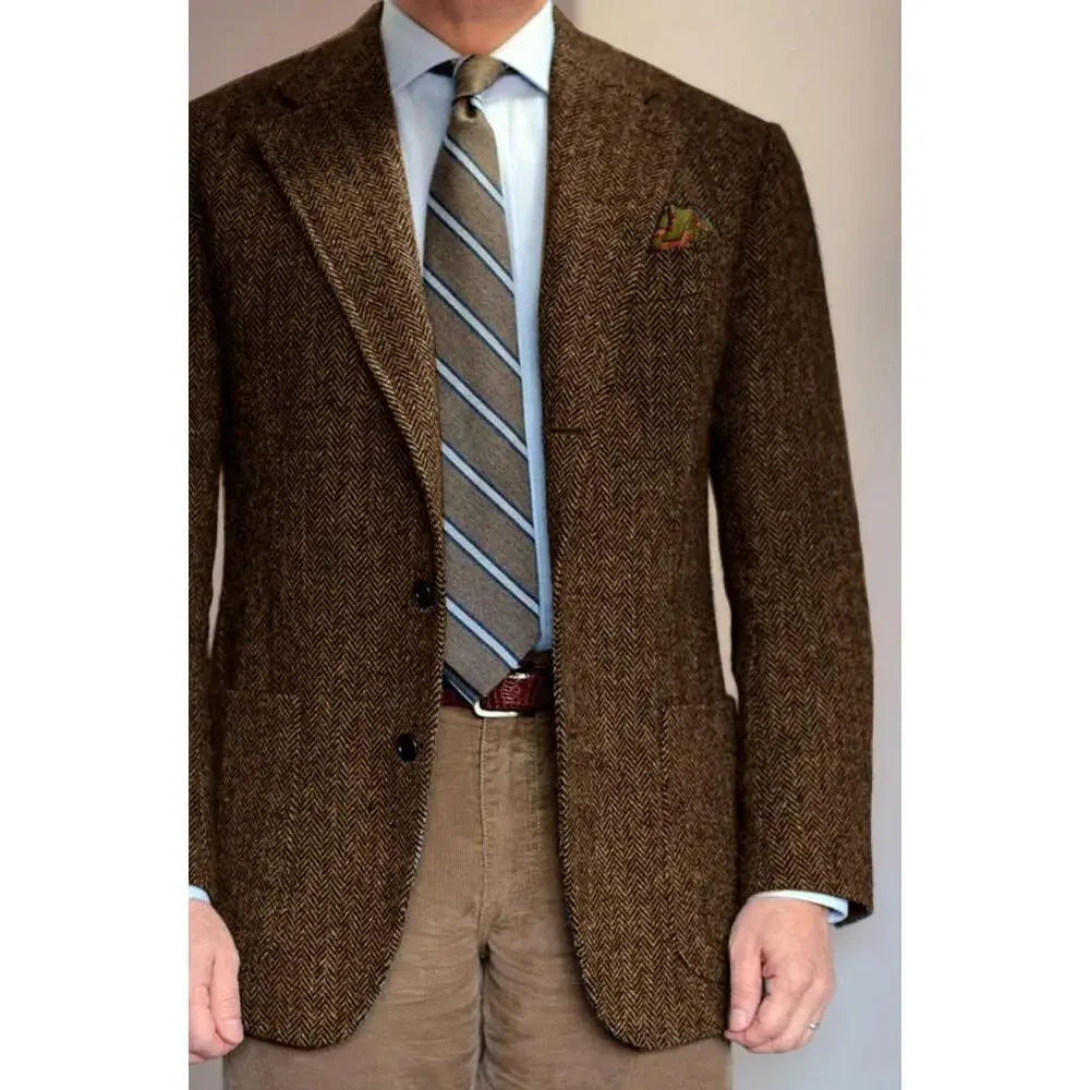 Men's Suit Grey Blazer Prom Groom Tuxedos Herringbone Wool Tweed Single Breasted Formal Bussiness Jacket for Wedding（Only Coat）