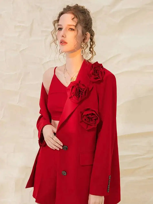 Women Solid Blazer Coat Lapel Flowers Three-dimensional Single Breasted Loose Autumn 2026 New Elegant Lady Fashion 15KB424