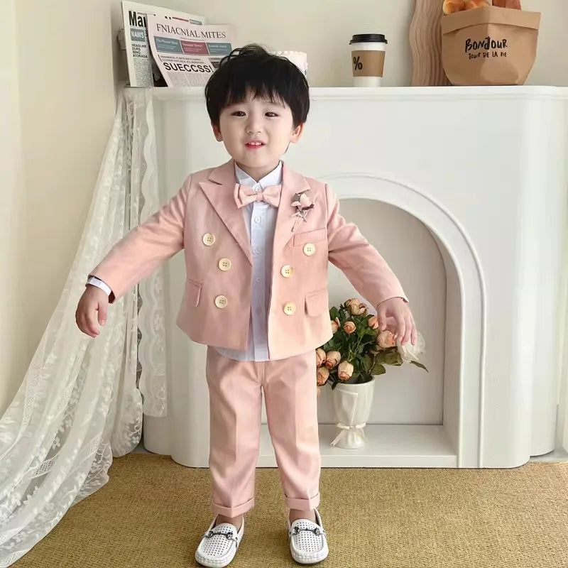 Kids 5Pieces Pure Pink Suit Set With Jacket Vest Pants Bowtie Brooch Boys Wedding Birthday Party Piano Performance Costume