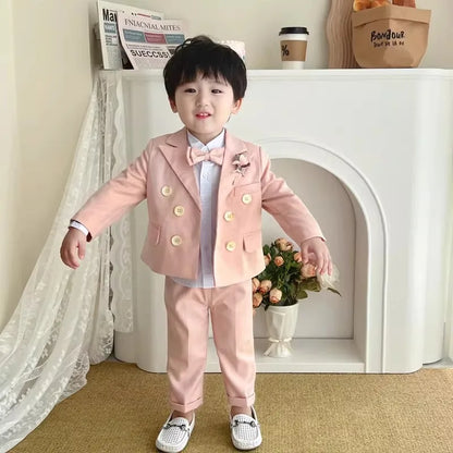 Kids 5Pieces Pure Pink Suit Set With Jacket Vest Pants Bowtie Brooch Boys Wedding Birthday Party Piano Performance Costume