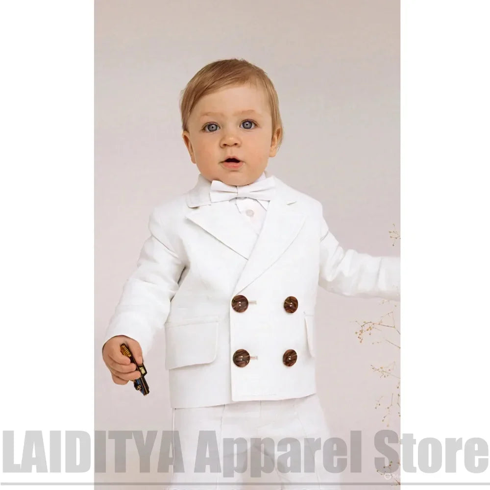 Boys Linen Double Breasted Suit Jacket Pants Baby Formal Outfit Fashion Ring Bearer Wedding Birthday Party Tuxedo 2 Piece