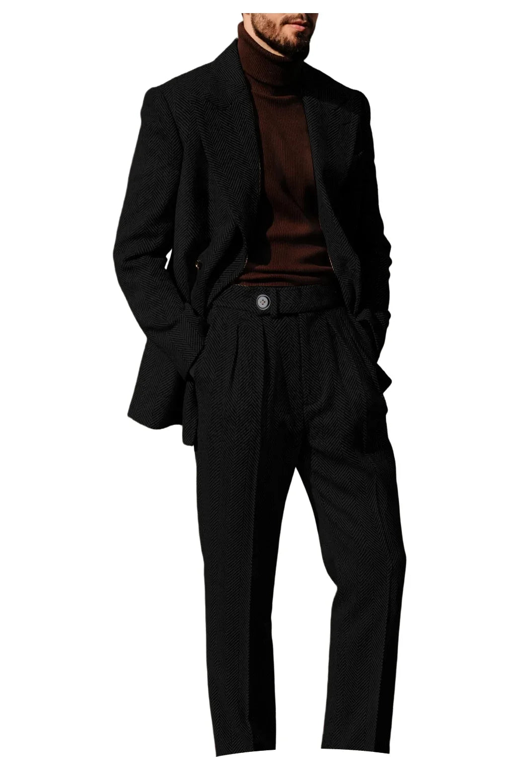 Men's Herringbone Suit 2-Piece Set – Double Breasted Blazer & Trousers for Wedding & Business