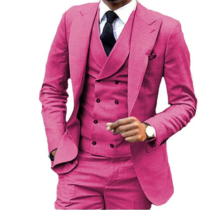 Costume de Lin 3 Pièces Blazer Gilet et Pantalon Ensemble de Smoking Ajusté pour Garçons d'Honneur Robes de Soirée Élégantes Gilet Style Rétro avec Col en V