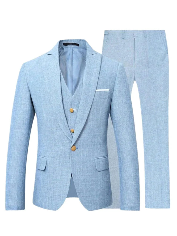 Blue/Beige Linen Men Suits Peak Lapel Slim Fit One Gold Button Blazer Vest Pants Groom Tuxedos Wedding Prom Dinner 3 Piece Set