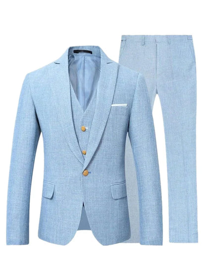 Blue/Beige Linen Men Suits Peak Lapel Slim Fit One Gold Button Blazer Vest Pants Groom Tuxedos Wedding Prom Dinner 3 Piece Set