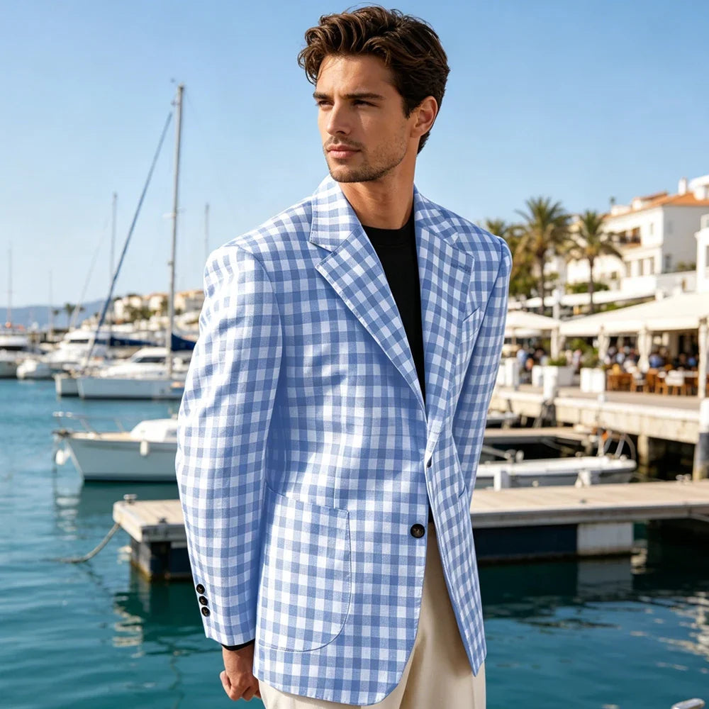 Men's Checkered Cotton Blazer Notched Lapel Single-Breasted Casual Business Summer Sport Coat with Patch Pockets