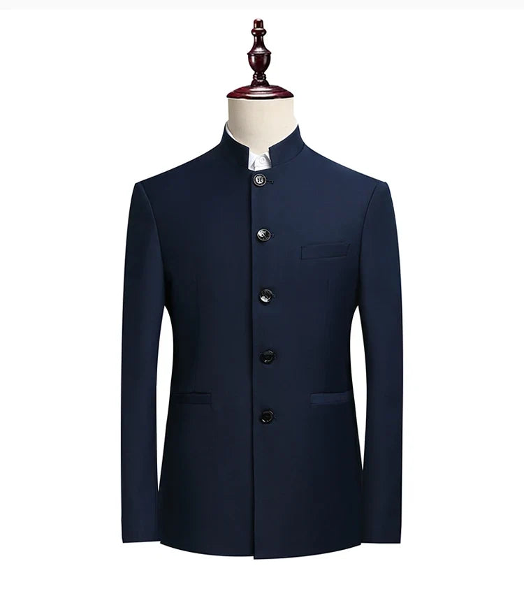 Men's Smart Casual Suit Set – Mao Collar Slim Fit Blazer and Pants for Weddings and Business